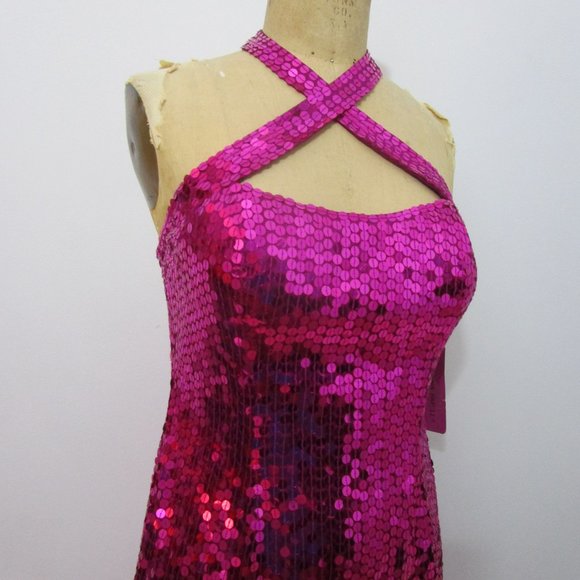 Fuchsia Pink Sequin Evening Halter Dress Shimmering Prom - Picture 4 of 9